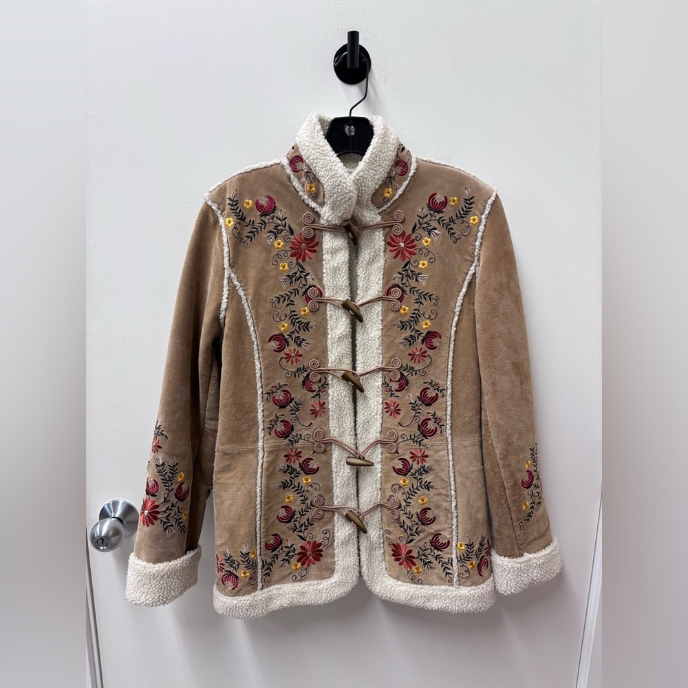 Vintage St. John's Bay Tan Penny Lane Suede Jacket with Floral Embroidery